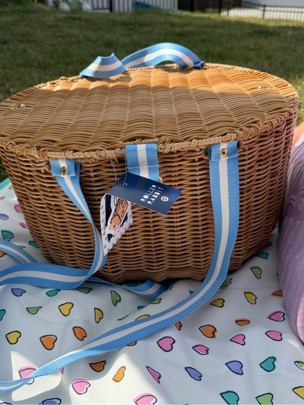 Woven Straw Basket Bag with Blue & White Striped Strap